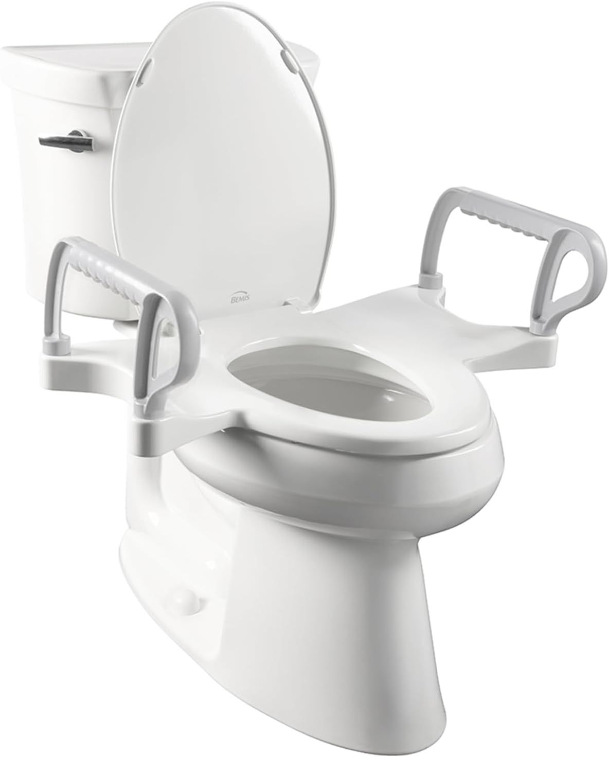 Elongated White Plastic Toilet Seat with Support Handles