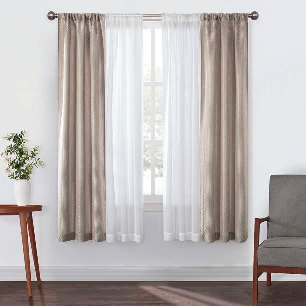 Taupe and White Polyester Sheer and Solid Curtain Set