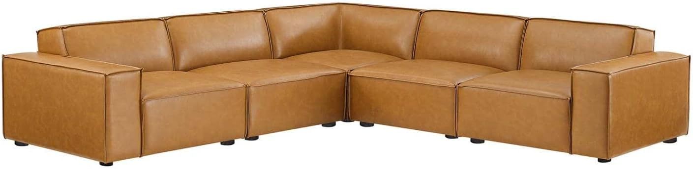 Beige Vegan Leather Tufted 5-Piece Reception Sectional with Ottoman