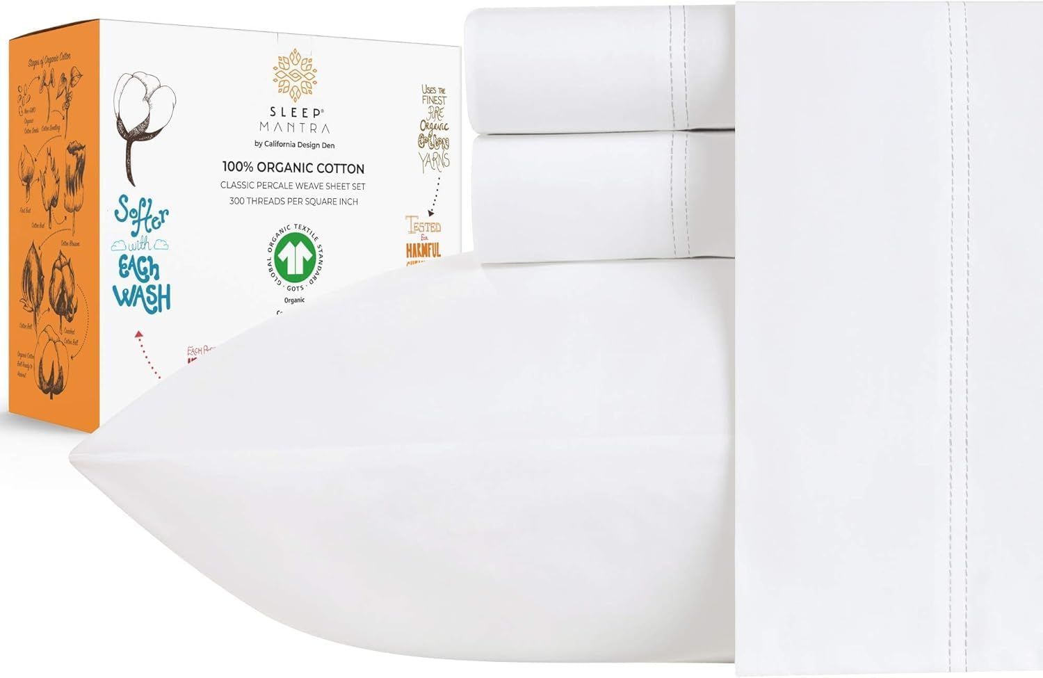 White Organic Cotton Queen Percale Deep Pocket Sheet Set