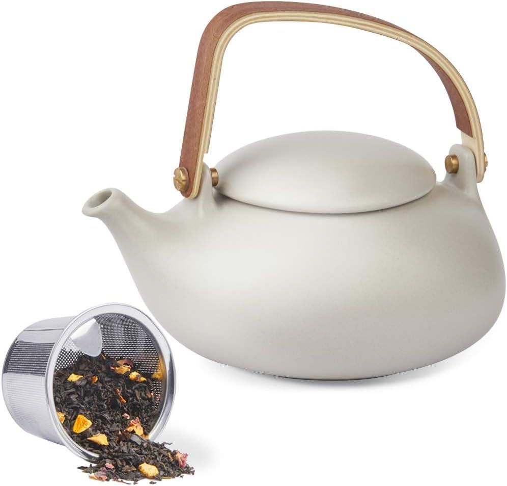 Matte Gray Ceramic Japanese Teapot with Wood Handle, 27oz