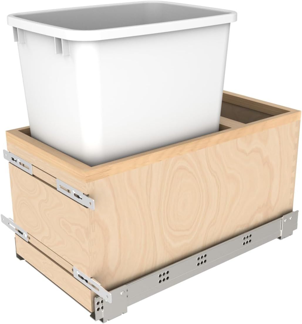 White Plastic and Maple Wood Pull-Out Waste Container