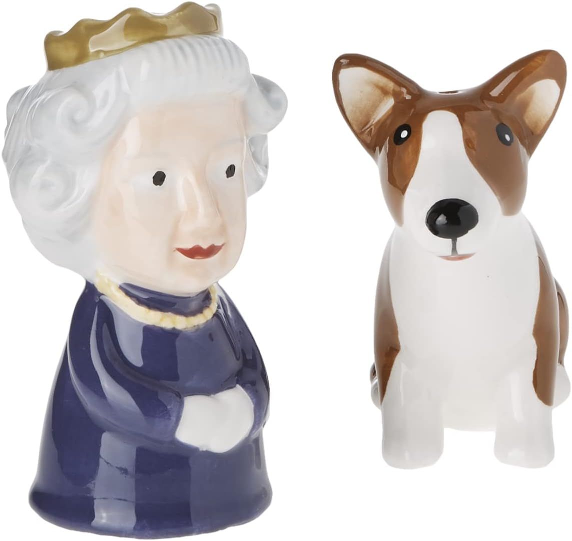 Regal Queen and Corgi Ceramic Salt and Pepper Shaker Set