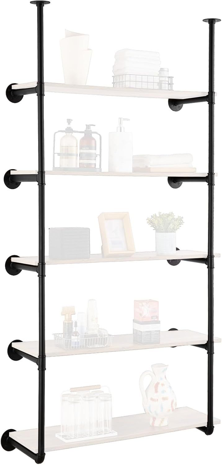 Black Industrial Pipe Wall-Mount 5-Tier Wood Shelf