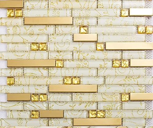 Glossy Gold and White Glass Metal Mosaic Wall Tile