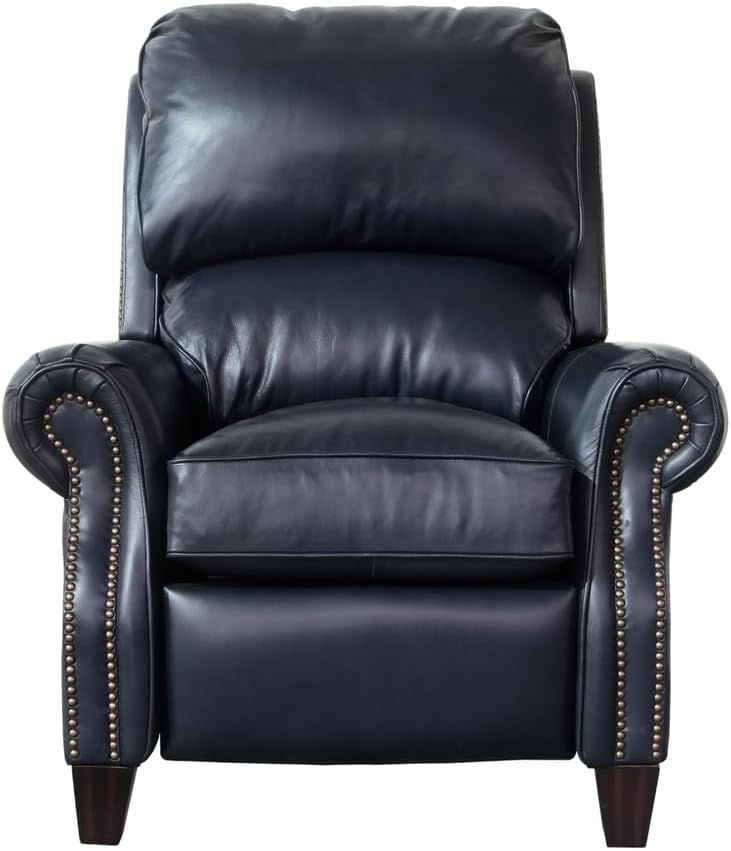 Churchill Traditional Blue Leather Recliner with Wood Accents