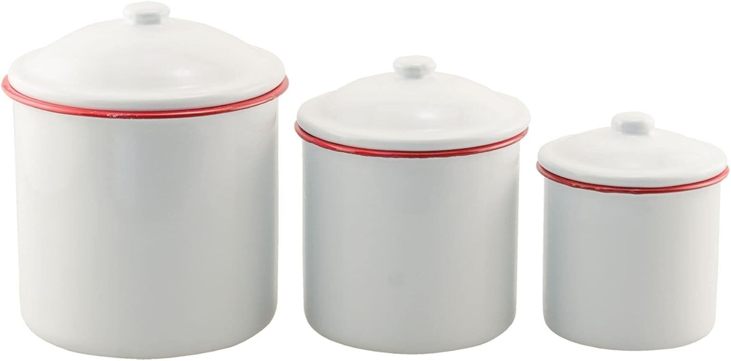 Set of 3 White Ceramic Canisters with Red Rim