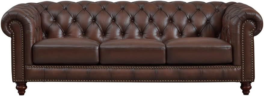 Caramel Brown Leather Chesterfield Sofa with Nailhead Trim