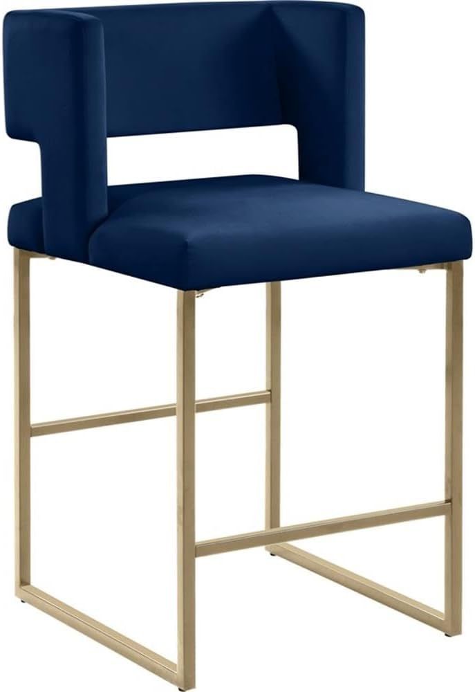 Caleb Navy Velvet Counter Stool with Gold Iron Legs, Set of 2