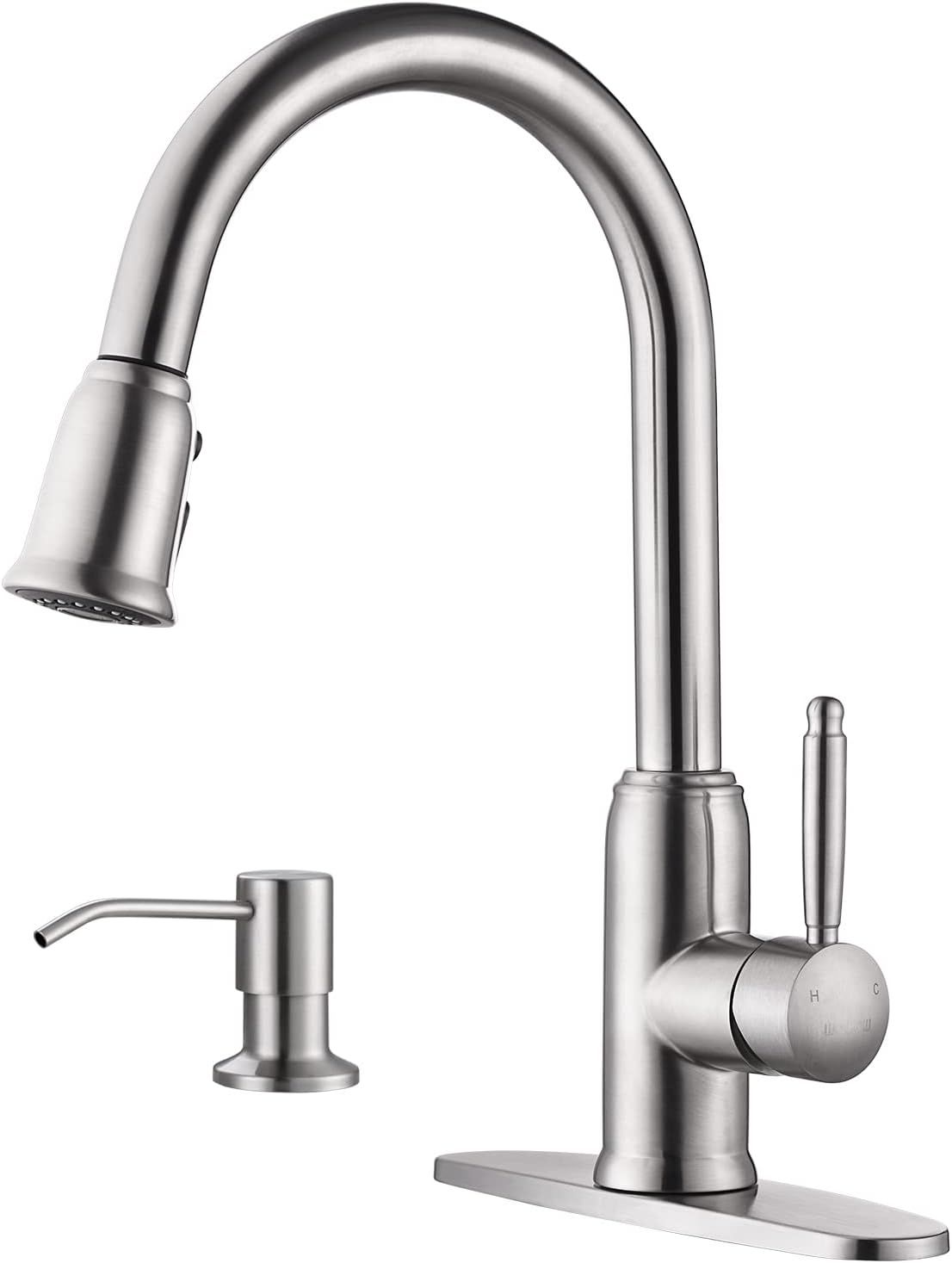 Brushed Nickel High Arc Pull-Down Kitchen Faucet with Soap Dispenser