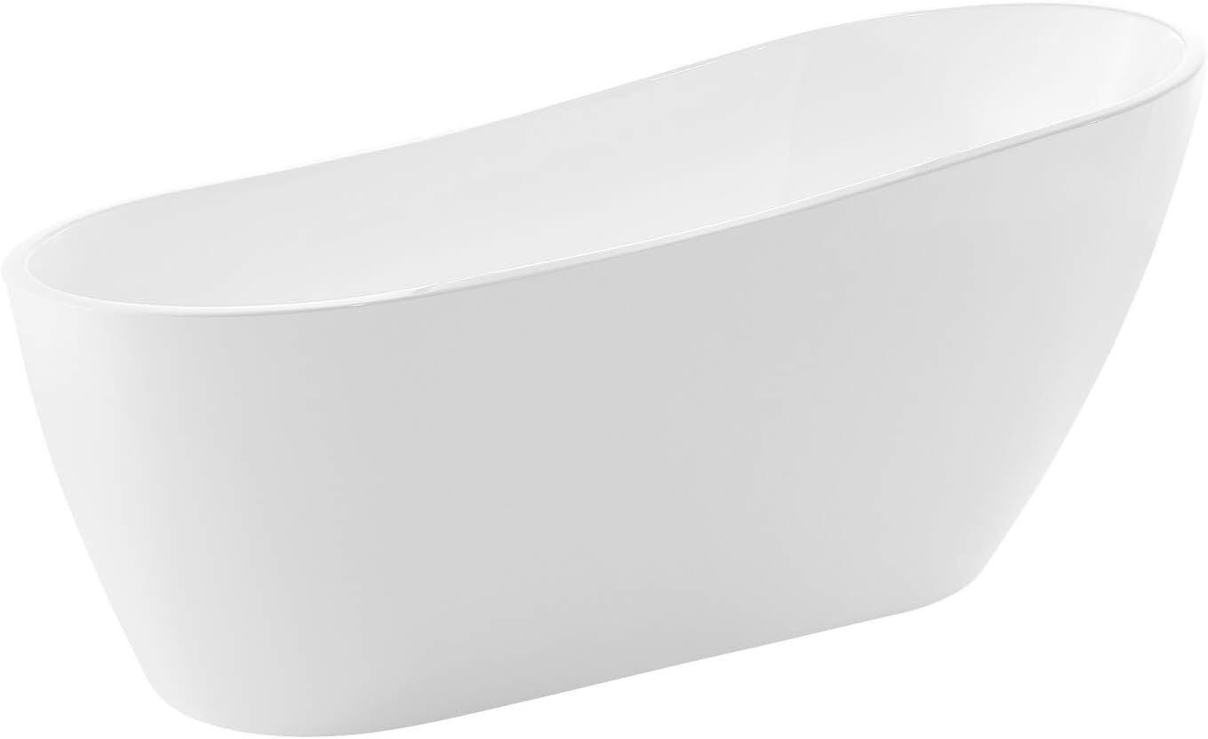 Glossy White Acrylic Freestanding Oval Bathtub with Chrome Overflow