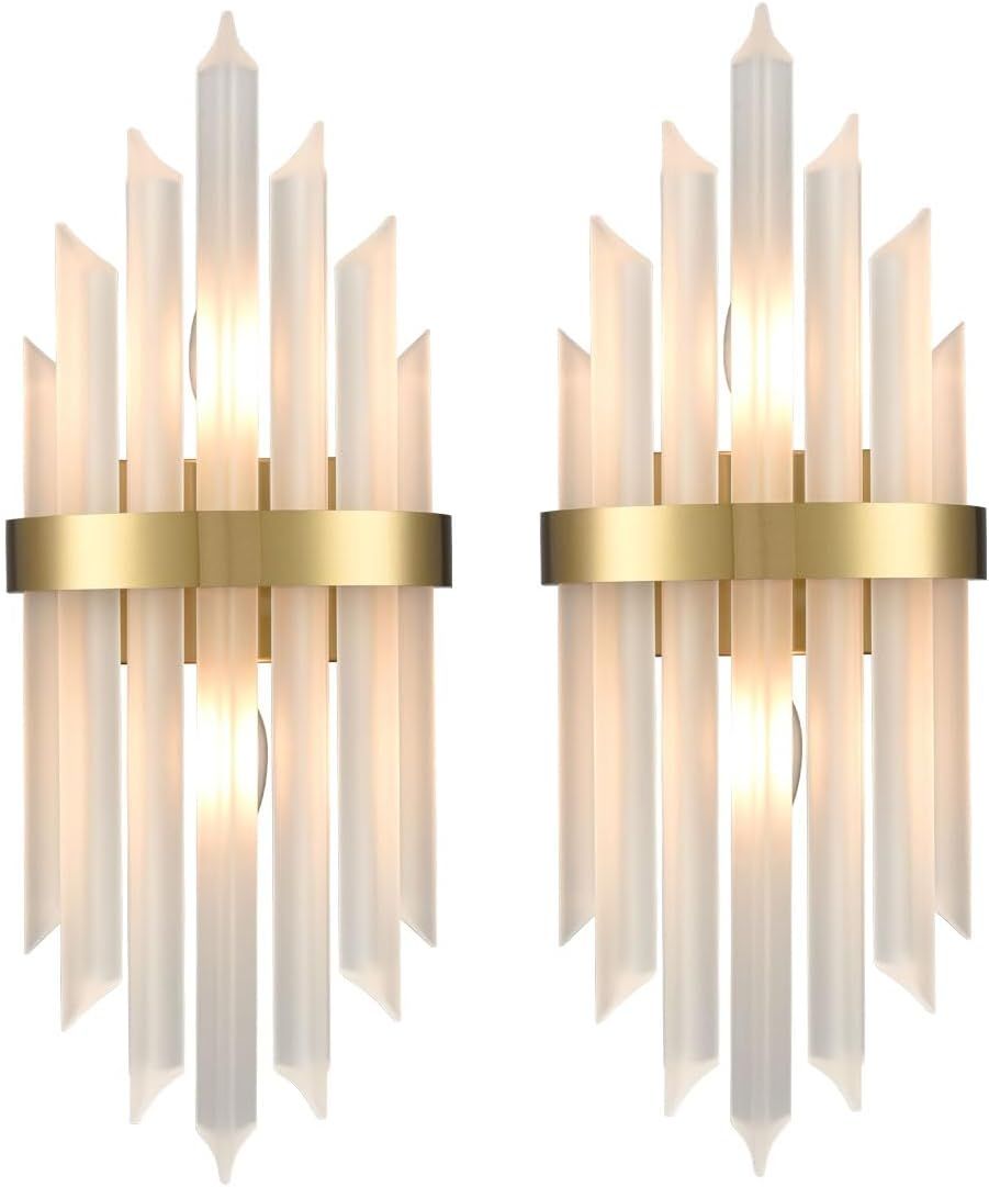 Modern Gold Crystal Frosted Glass Wall Sconces Set of Two