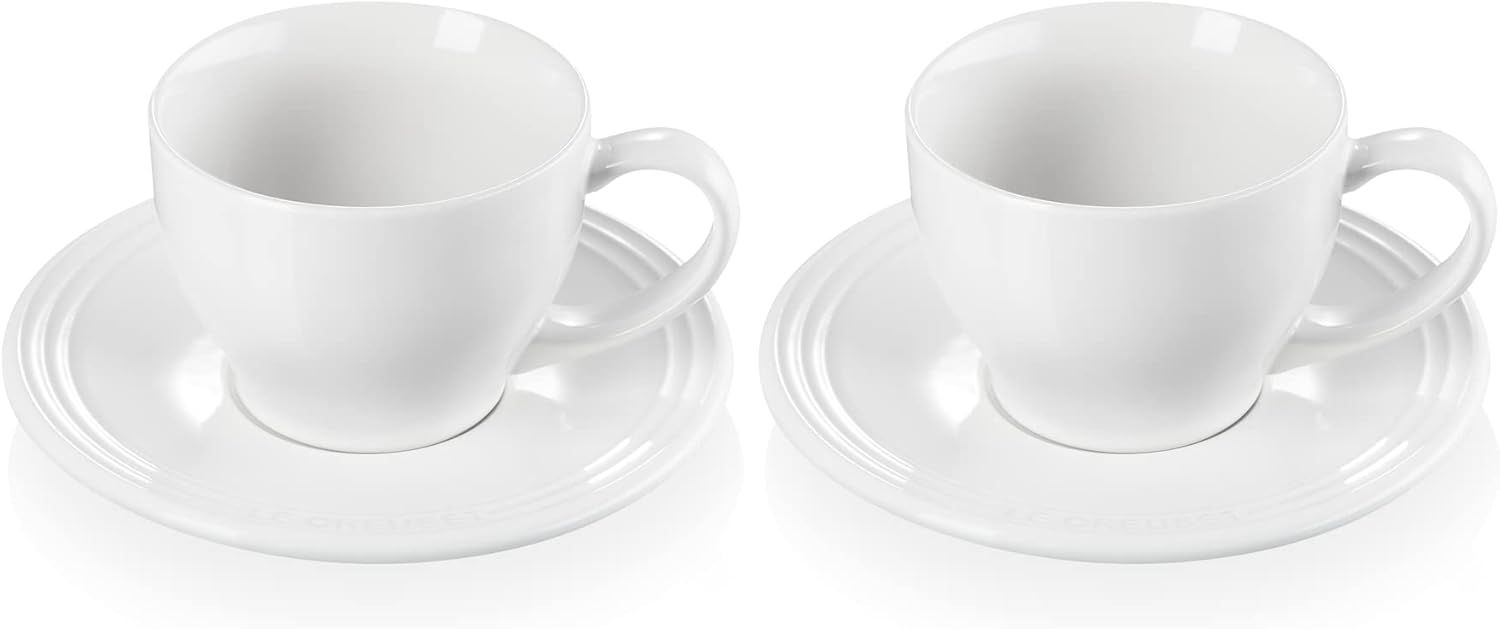 White Stoneware 7 oz. Cappuccino Cups and Saucers Set