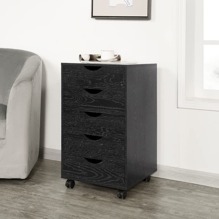 Black Wooden 5-Drawer Cabinet with Casters