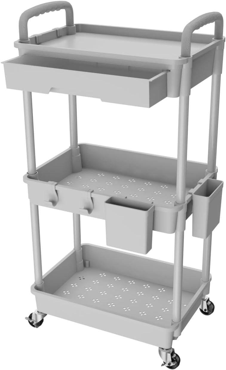 Gray Multifunctional 3-Tier Rolling Utility Cart with Drawer