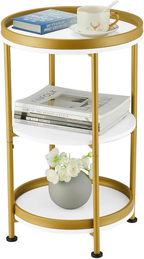 White and Gold Round End Table with 3 Shelves