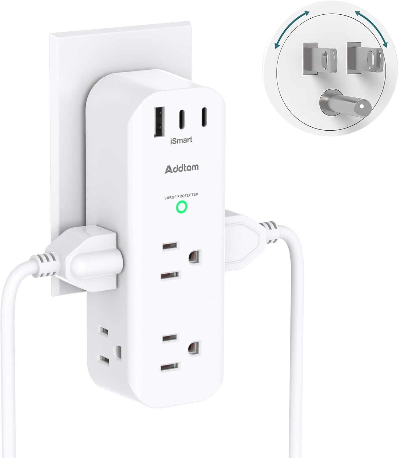 White 10-Piece USB Outlet Extender with Rotating Plug