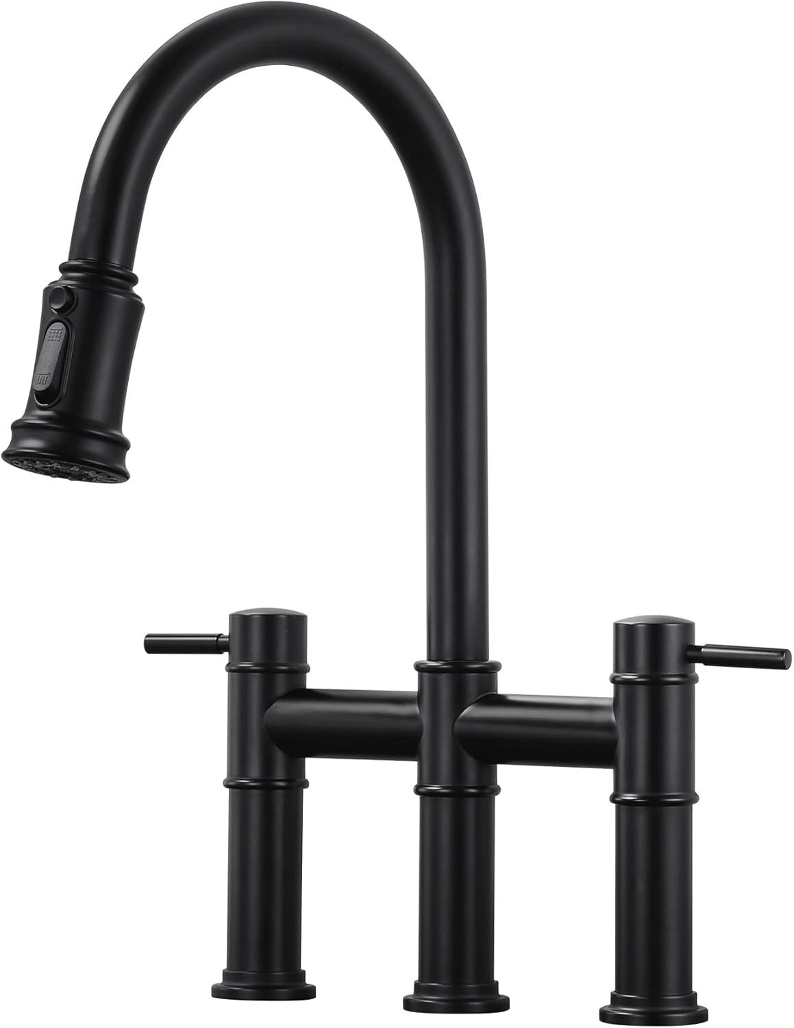 Matte Black Double Handle Bridge Kitchen Faucet with Pull-Out Spray