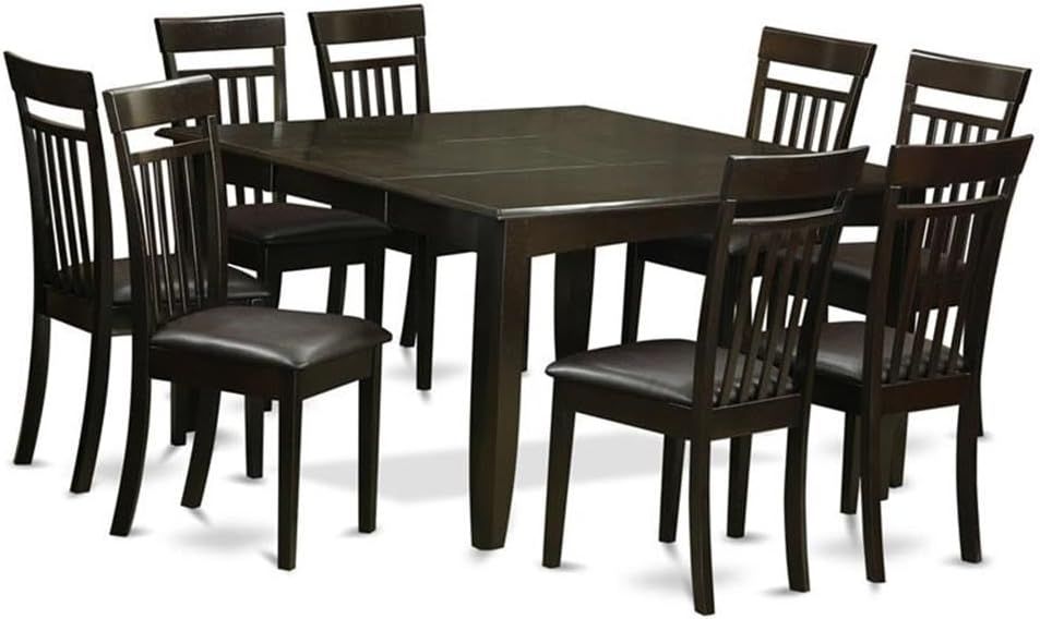 Cappuccino Rubber Wood 9-Piece Dining Set with Faux Leather Chairs