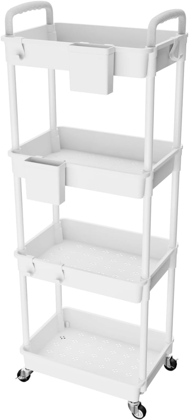 White Multifunctional 4-Tier Rolling Utility Cart with Handle