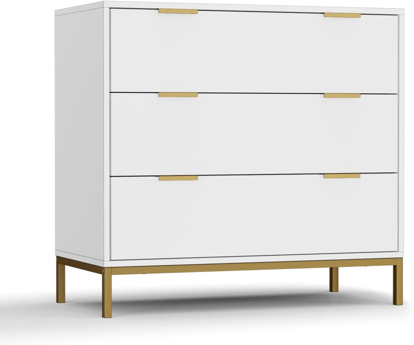 White MDF 3-Drawer Chest with Gold Accents