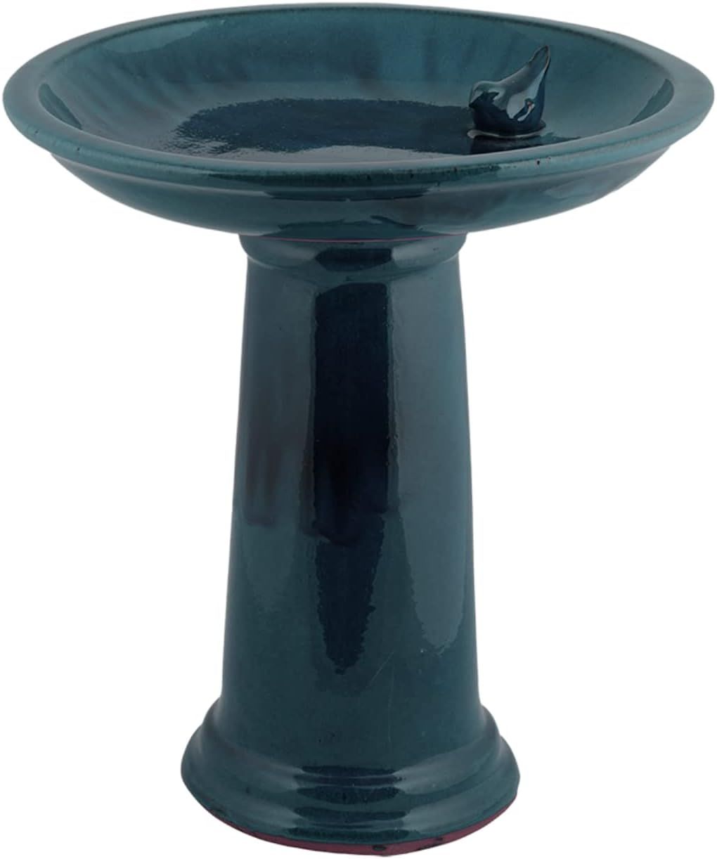 Teal Blue Ceramic Pedestal Birdbath with Bird Figurine