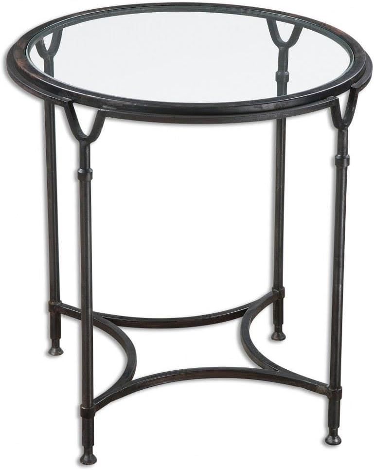 Equestrian-Inspired Aged Black Metal Round Side Table with Clear Glass Top