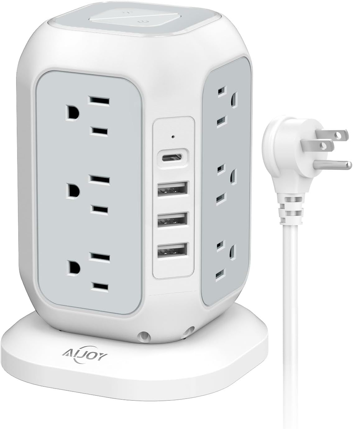 Compact White and Gray ABS Travel Power Strip Tower with USB Ports