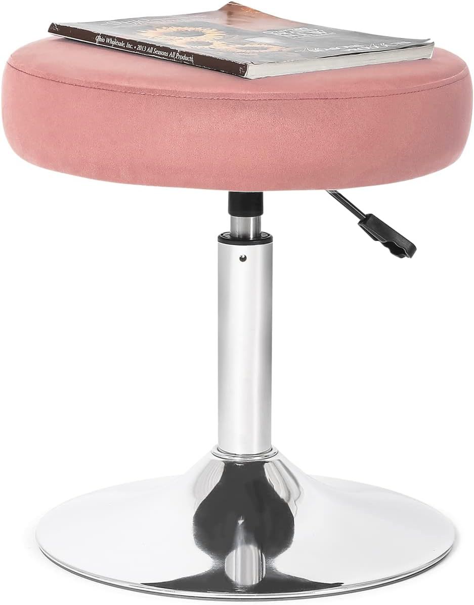 Pink Velvet Adjustable Swivel Vanity Stool with Chrome Base