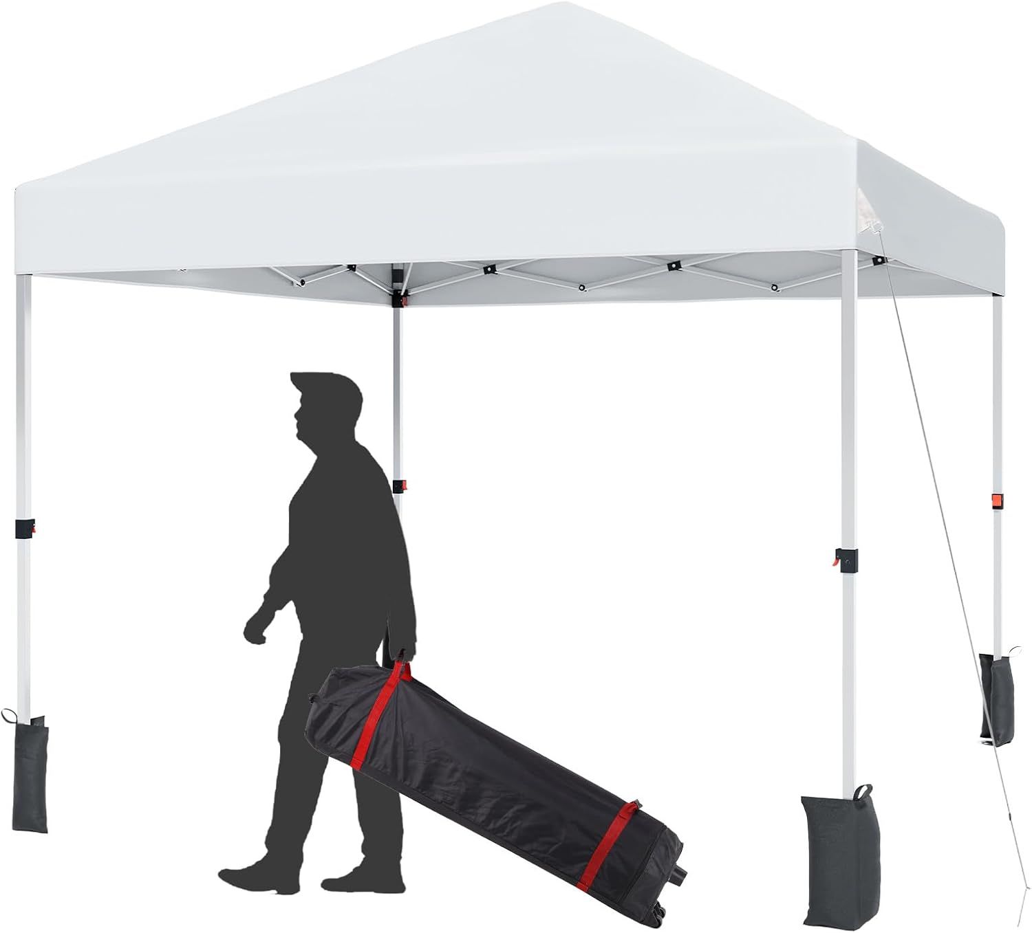 8x8FT White Pop Up Canopy Tent with Wheeled Bag and Sandbags