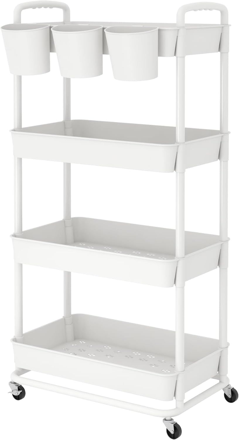 White 4-Tier Plastic Rolling Storage Cart with Lockable Wheels