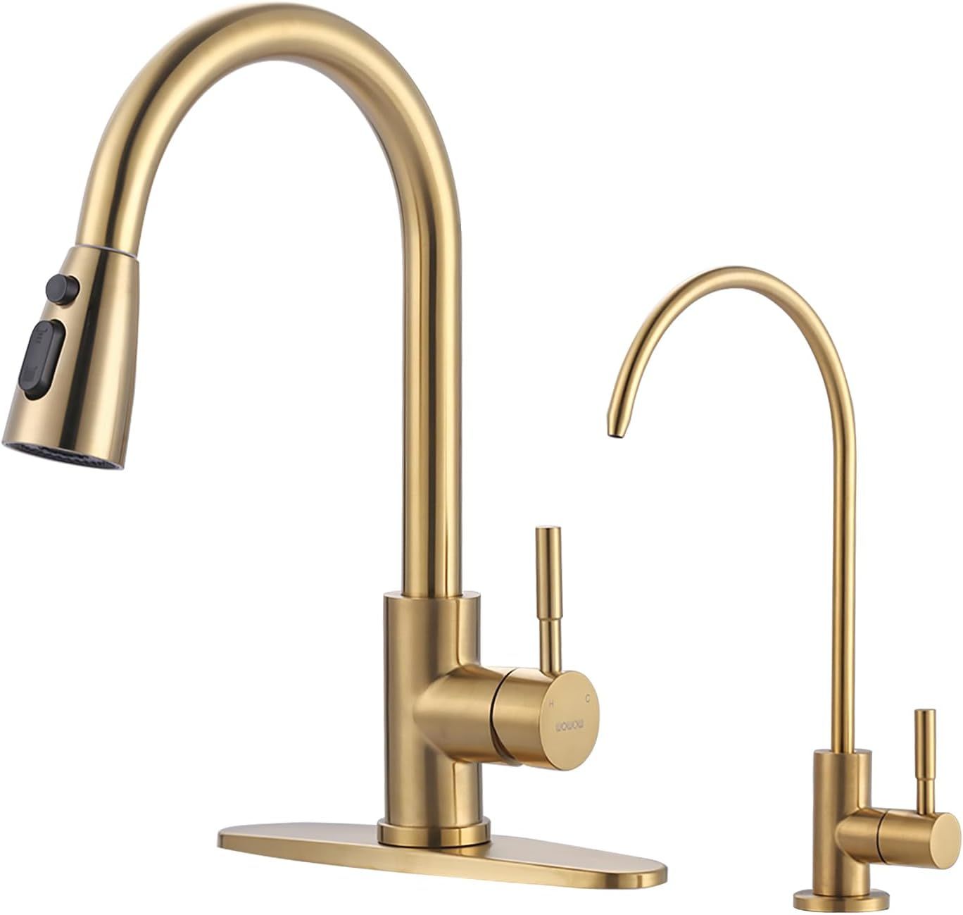 Brushed Gold Stainless Steel Kitchen Faucet with Pull-out Spray