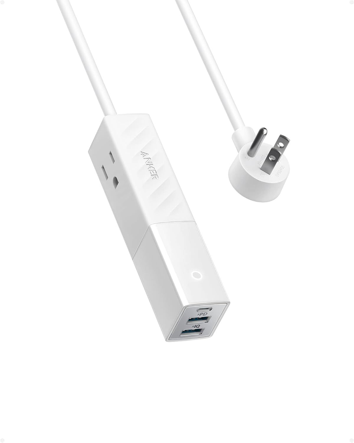 White Portable USB-C Power Strip with 2 Outlets and 3 USB Ports