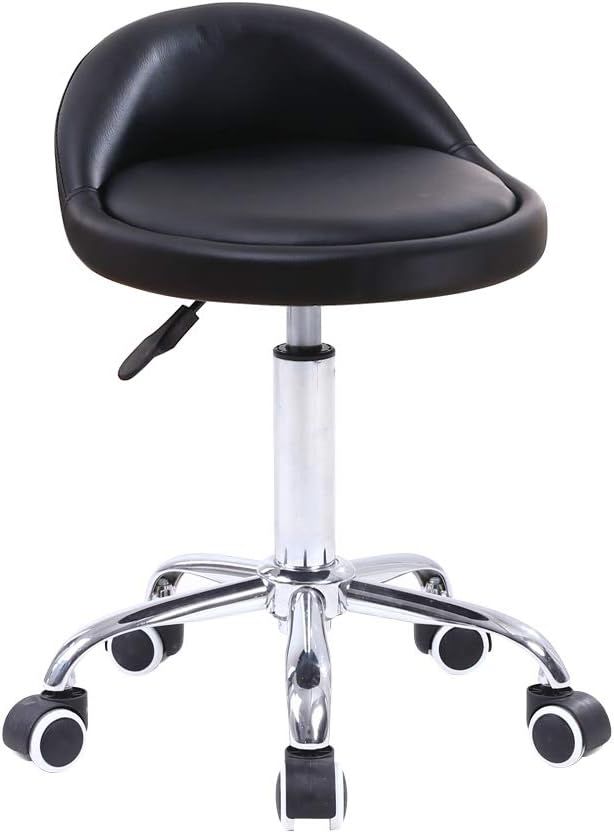 Black Adjustable Swivel Leather Rolling Stool with Backrest