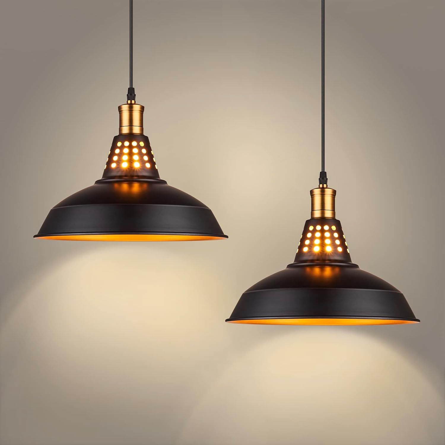 Matte Black and Gold Farmhouse Pendant Lights, 12 Inch Vintage Industrial Barn Fixtures