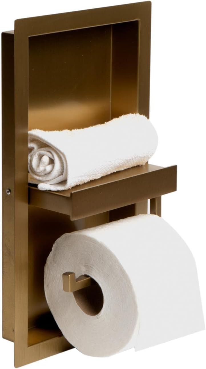 Brushed Gold Stainless Steel Wall-Mounted Toilet Paper Holder with Shelf