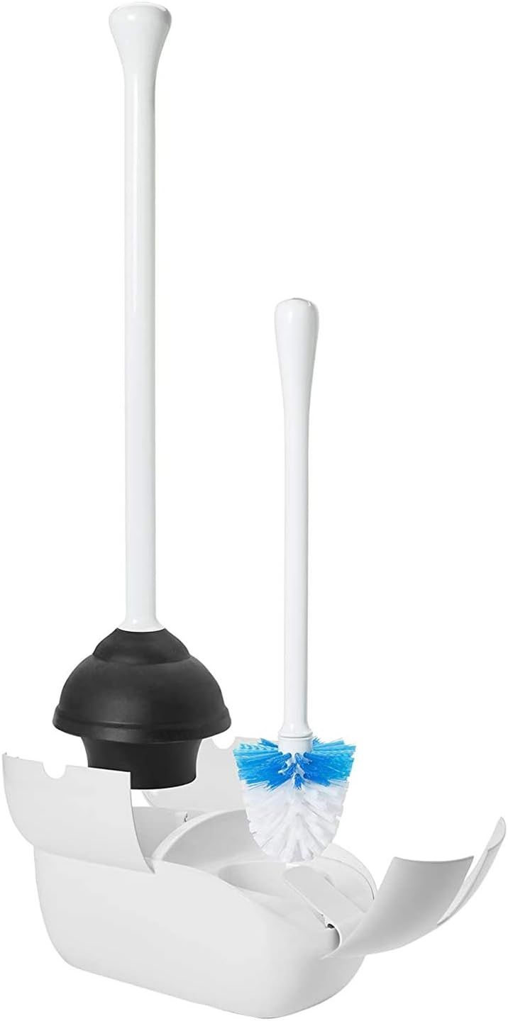 White Plastic Toilet Brush and Plunger Set with Holder