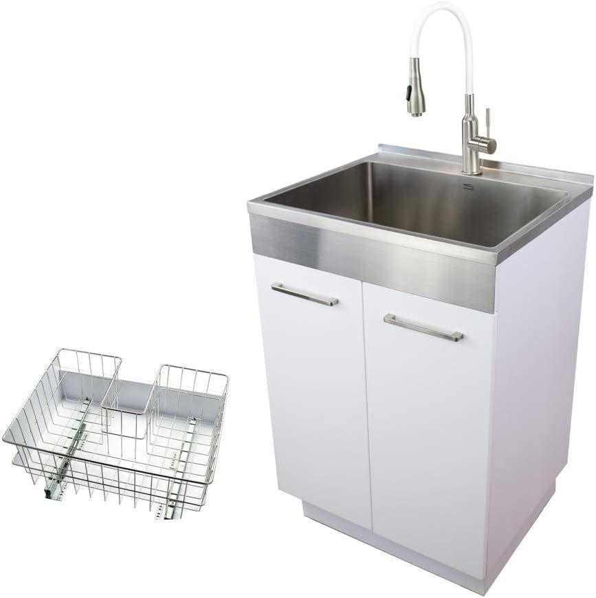 White Freestanding Farmhouse Laundry Cabinet with Stainless Steel Sink