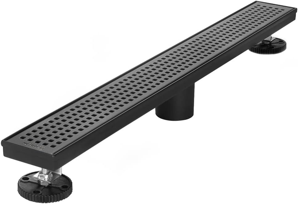 24-Inch Matte Black Stainless Steel Linear Shower Drain with Quadrato Grate