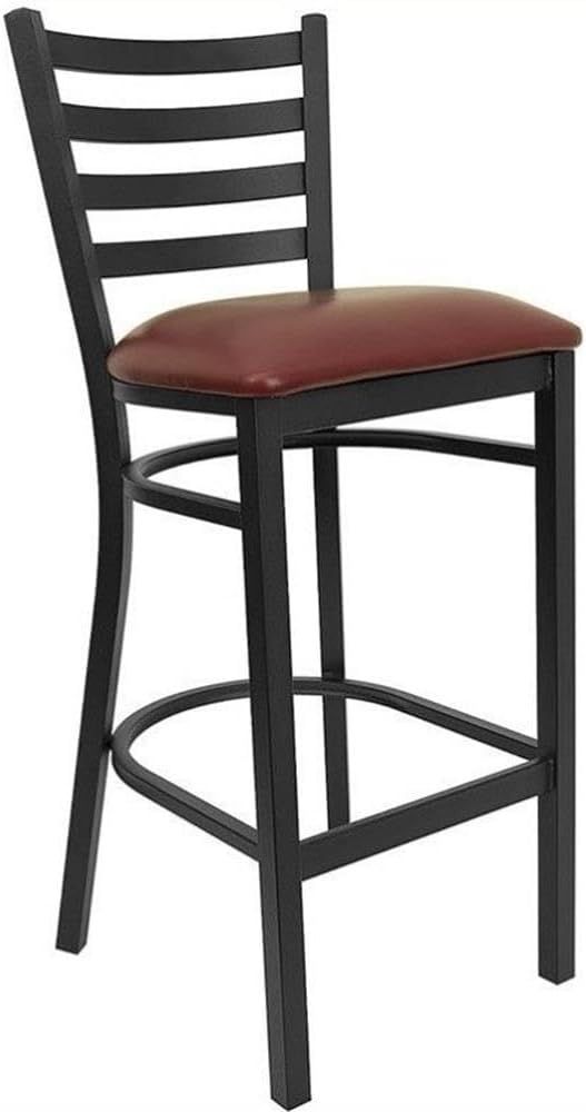 Black Metal Ladder Back Bar Stool with Burgundy Vinyl Seat