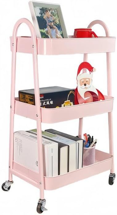 Pink 3-Tier Metal Rolling Kitchen Storage Cart with Wheels