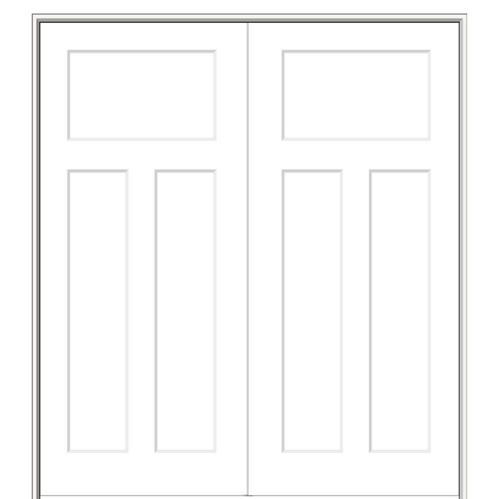 White MDF 3-Panel Prehung Interior Double Door with Satin Nickel Hinges