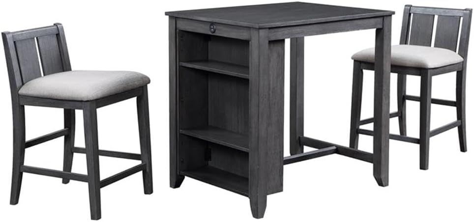 Gray Rubberwood 36-Inch Storage Counter Table Set with Two Chairs