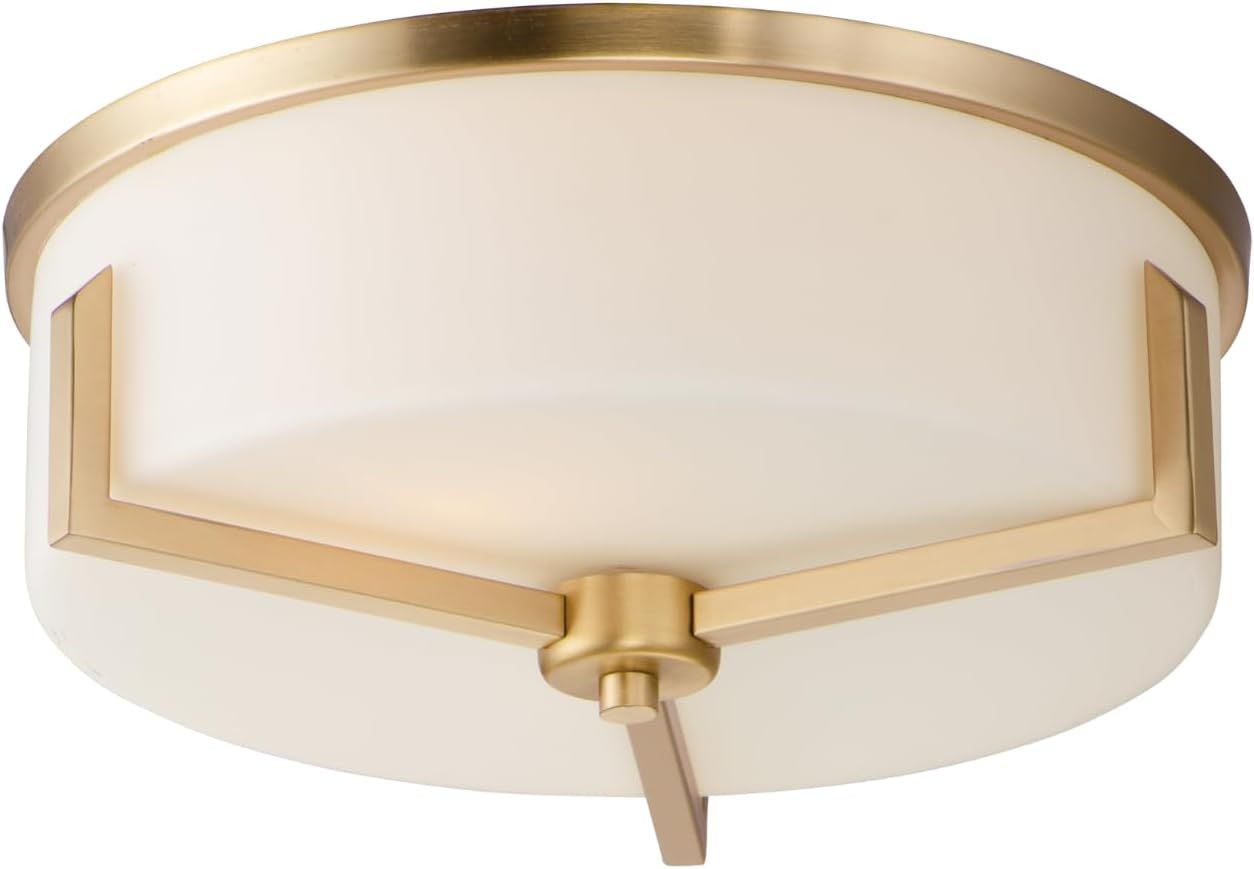 Satin Brass and White Glass 3-Light Drum Flush Mount