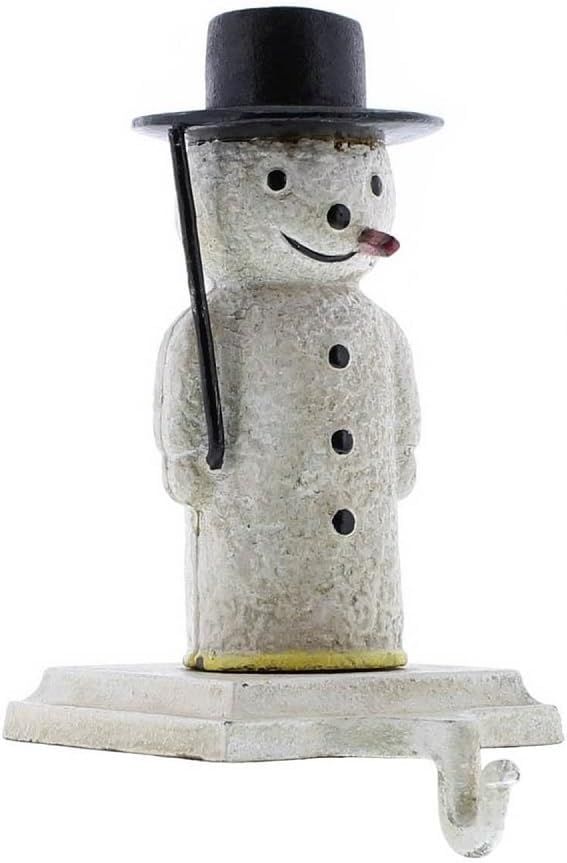 White Cast Iron Snowman Stocking Holder with Black Hat