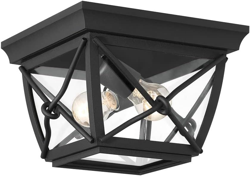 Black Steel and Glass Outdoor Flush Mount Ceiling Light