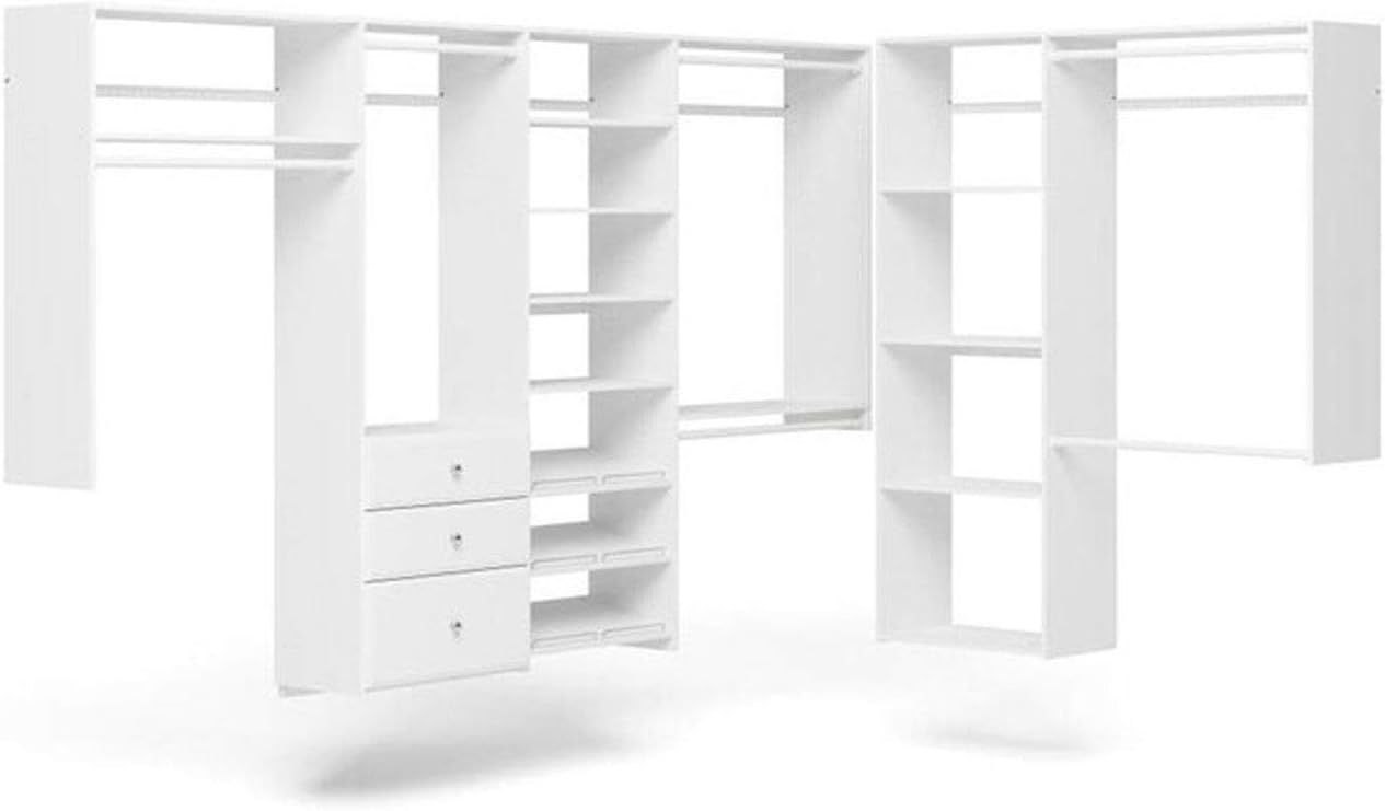 White Wall-Mounted L-Shaped Closet System with Drawers