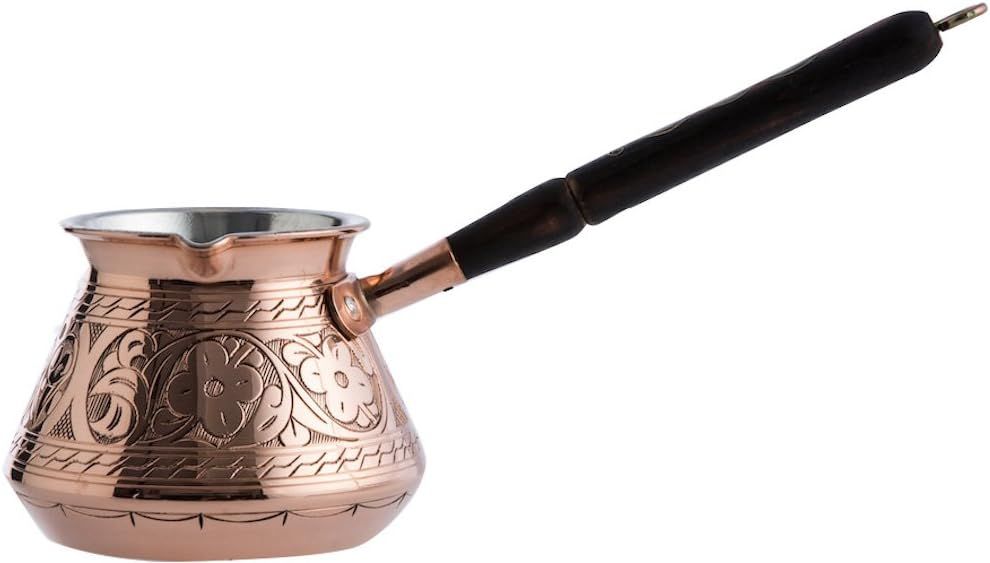 Large Engraved Copper Turkish Coffee Pot with Wooden Handle