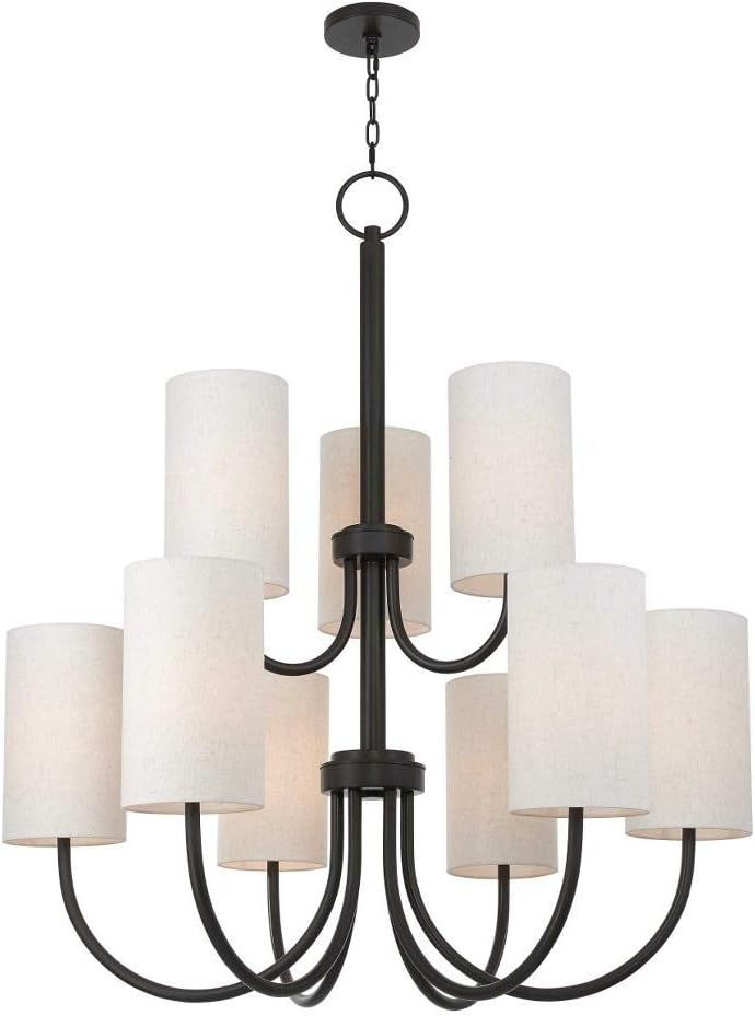 English Bronze 9-Light Drum Chandelier with Oatmeal Fabric Shade