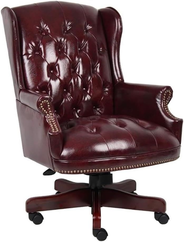 Red High Back Faux Leather Executive Chair with Mahogany Finish